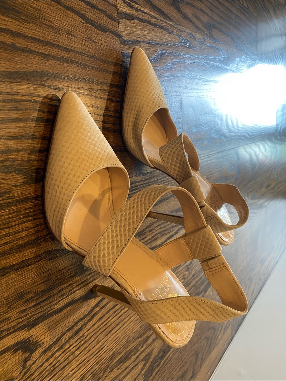 Vince Camuto Tan Textured Slingback Pointed-Toe Heels